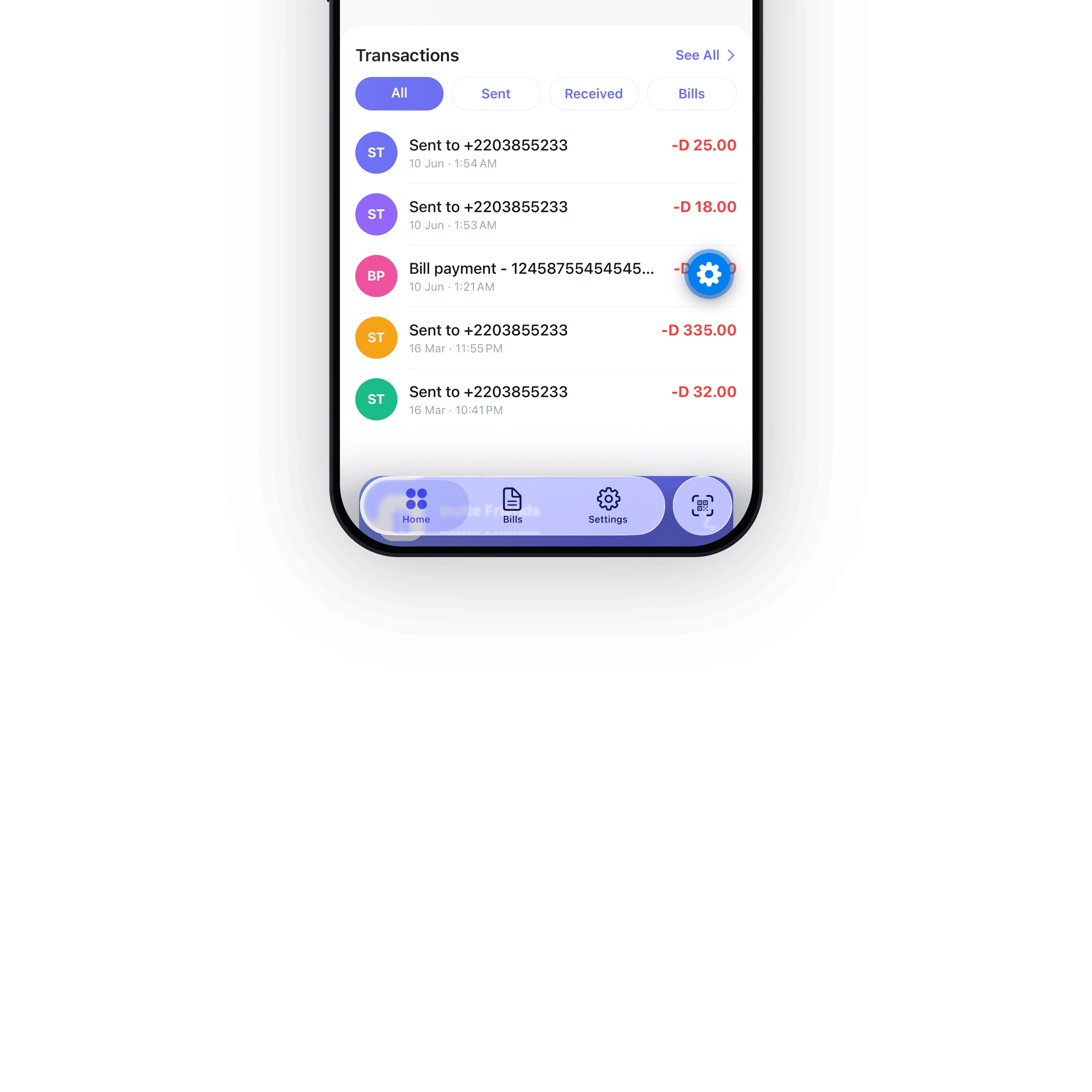 LeighPay transaction history showing sent, received and bill payments